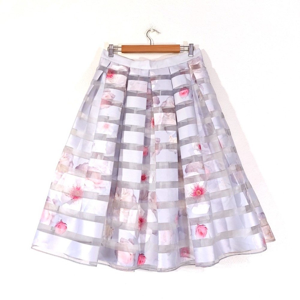 NWT Ted Baker Rosaley Pleated A-Line Full Midi Skirt Light Grey Organza US 10